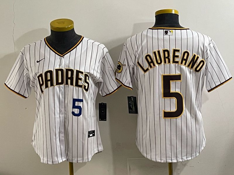 Women San Diego Padres 5 Laureano White Stripe Nike 2025 MLB Jersey 06